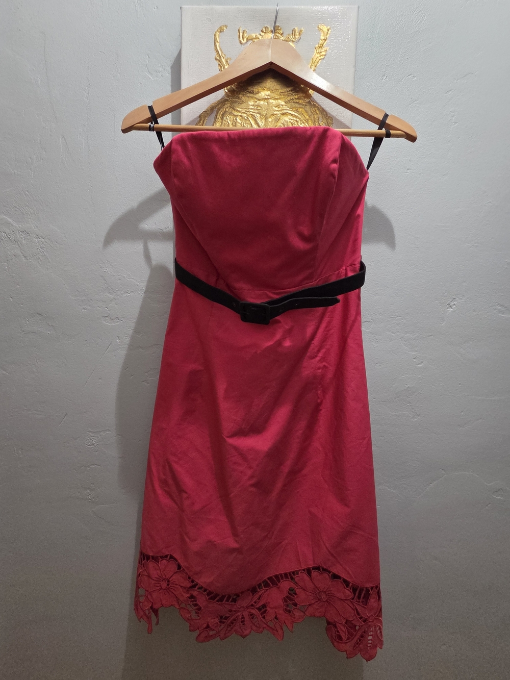 Betsey Johnson Strapless Scarlet Red Lace-Hem Dress with Black Belt NWT 8